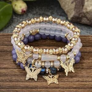 Bracelet Purple Butterfly Pendants Charms Bohemian Style 4pcs Set Rope Bracelet